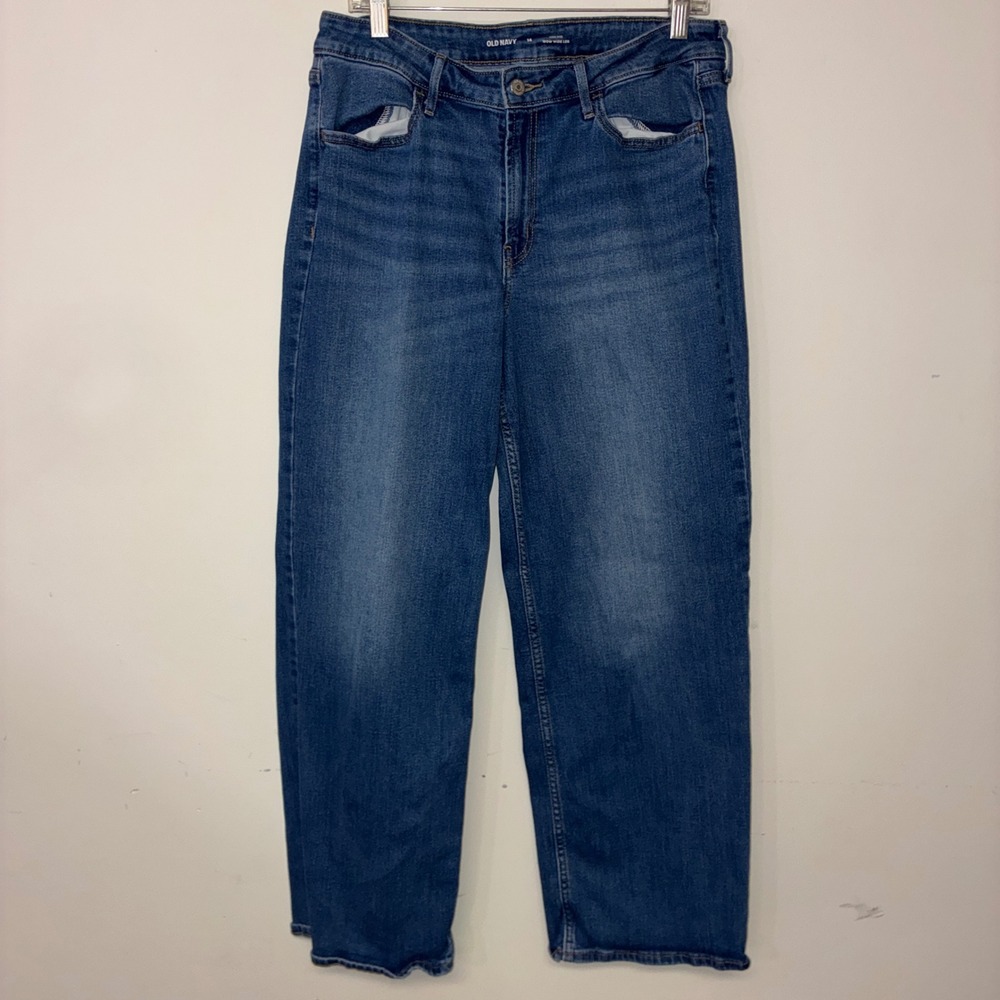 329 Old Navy Wow Wide Leg Jeans 14 Blue High Rise Medium Wash Denim
